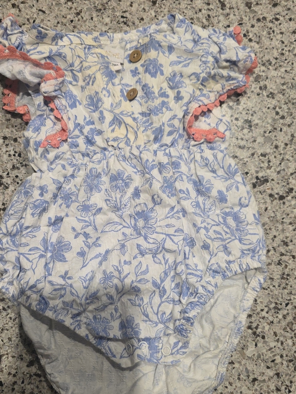 Rachel Zoe White Romper with Blue Floral Print and Pink Trim